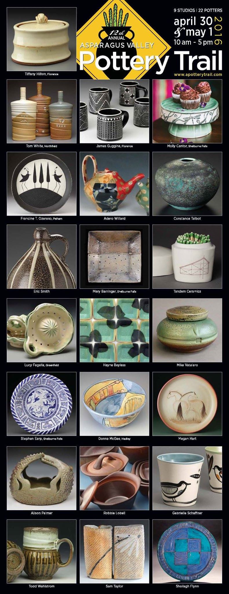 9 Studios, 22 Potters, 12th Annual Asparagus Valley Pottery Trail, April 30 and May 1, 10AM - 5PM